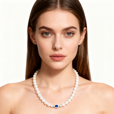 925 Silver Sapphire & Pearl Necklace