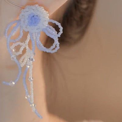 Blue Bow Flower Tassel Earrings