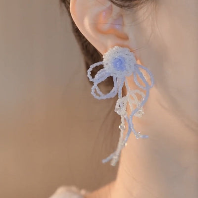 Blue Bow Flower Tassel Earrings