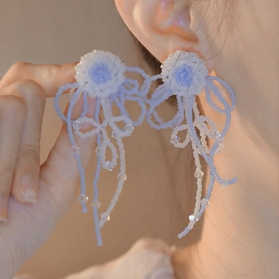 Blue Bow Flower Tassel Earrings