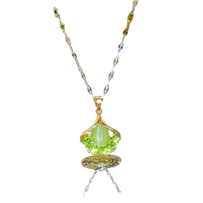 Natural Green Cat's Eye Ginkgo Leaf Necklace