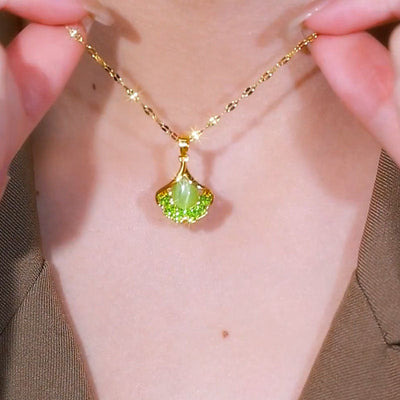 Natural Green Cat's Eye Ginkgo Leaf Necklace