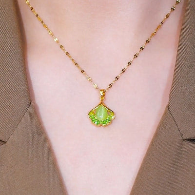 Natural Green Cat's Eye Ginkgo Leaf Necklace