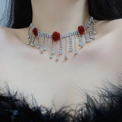 Red beaded tassel necklace