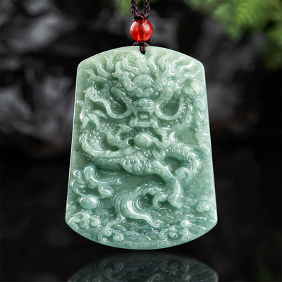 Dragon and the Four Seas Natural Emerald Jade Stone Necklace