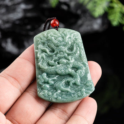 Dragon and the Four Seas Natural Emerald Jade Stone Necklace