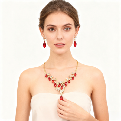 18K Gold Red Crystal Leaf Necklace & Earring Set