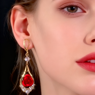 18K Gold Diamond-Set Red Rose Earrings