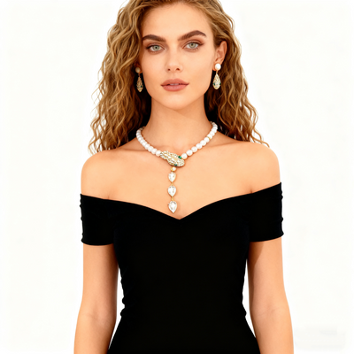 Emerald Diamond Pearl Necklace & Earring Set