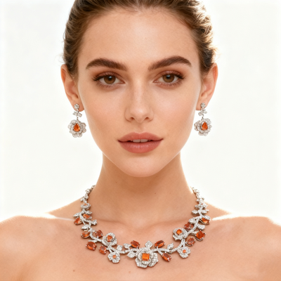 Orange Crystal Floral Necklace & Earrings Set