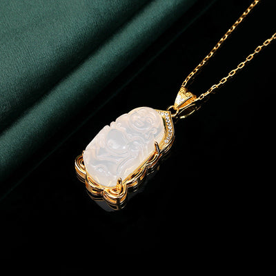 Peaceful Laughing Buddha Natural Emerald Jade Stone Necklace