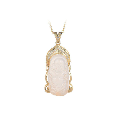 Peaceful Laughing Buddha Natural Emerald Jade Stone Necklace