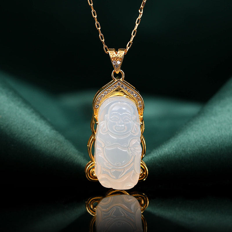 Peaceful Laughing Buddha Natural Emerald Jade Stone Necklace
