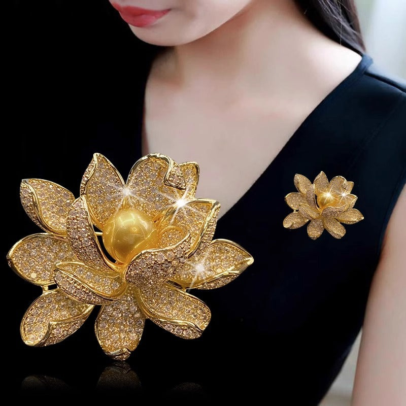 Diamond Lotus Natural Freshwater Pearl Brooch