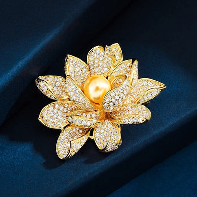 Diamond Lotus Natural Freshwater Pearl Brooch