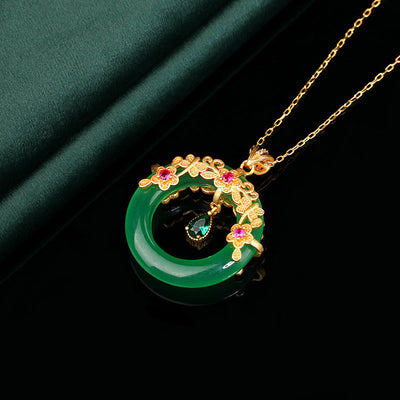 Floral Ring Natural Emerald Jade Stone Necklace