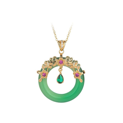 Floral Ring Natural Emerald Jade Stone Necklace