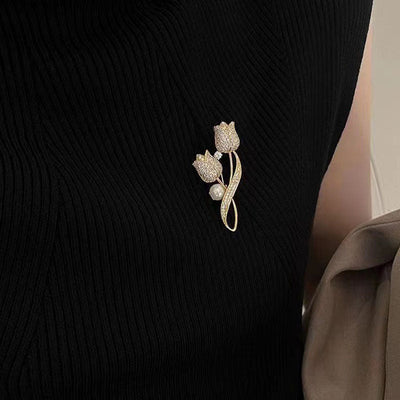 Diamond Tulip Natural Freshwater Pearl Brooch