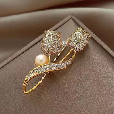 Diamond Tulip Natural Freshwater Pearl Brooch