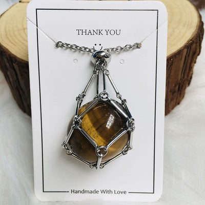 Net pocket metal bamboo natural crystal necklace