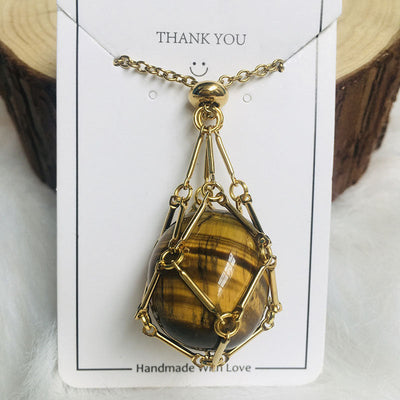 Net pocket metal bamboo natural crystal necklace