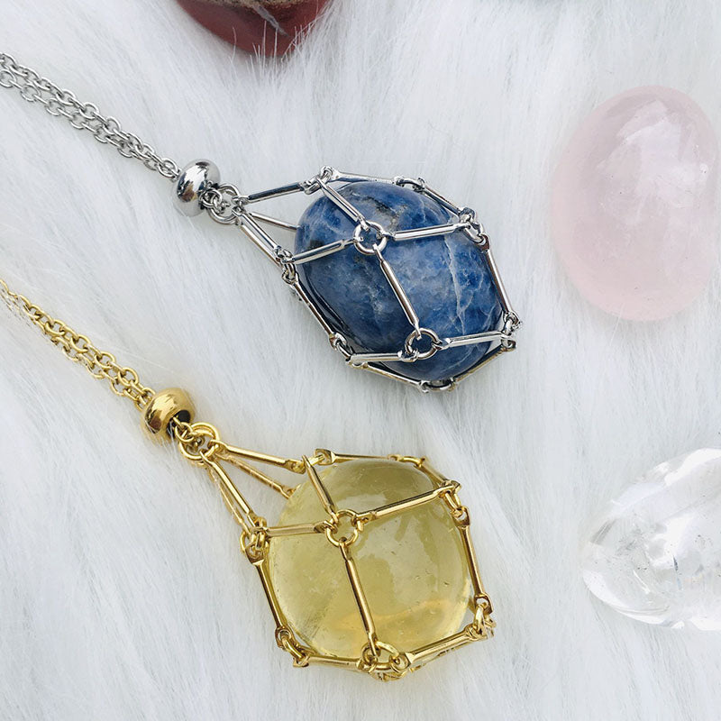 Net pocket metal bamboo natural crystal necklace