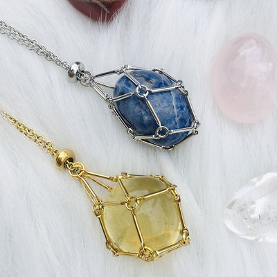 Net pocket metal bamboo natural crystal necklace