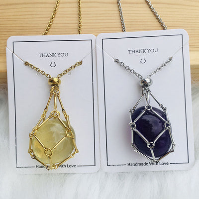 Net pocket metal bamboo natural crystal necklace