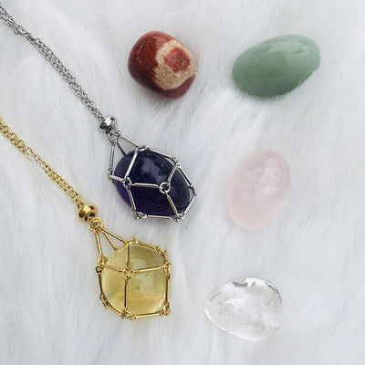 Net pocket metal bamboo natural crystal necklace