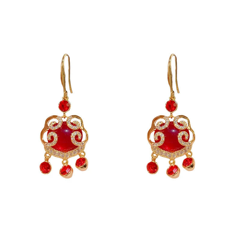 Peace Lock Tassel Ear Hook Natural Red Crystal Necklace