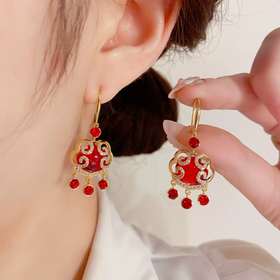 Peace Lock Tassel Ear Hook Natural Red Crystal Necklace