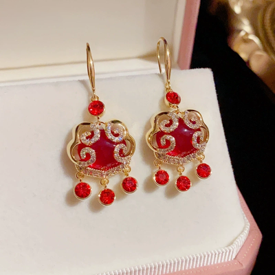 Peace Lock Tassel Ear Hook Natural Red Crystal Necklace