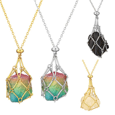 Natural crystal rough stone net pocket necklace