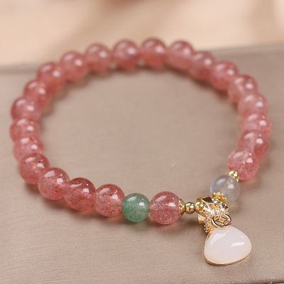 White Jade Lotus Strawberry Crystal Bracelet