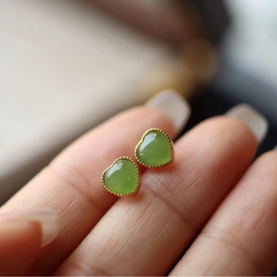 Natural Apple Green Jasper Heart Stud Earrings
