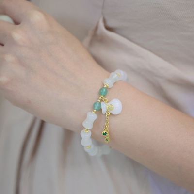 Natural White Jade • Bamboo Bracelet