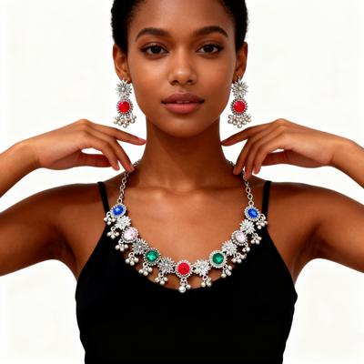 925 Silver Multicolor Agate Necklace & Earring Set