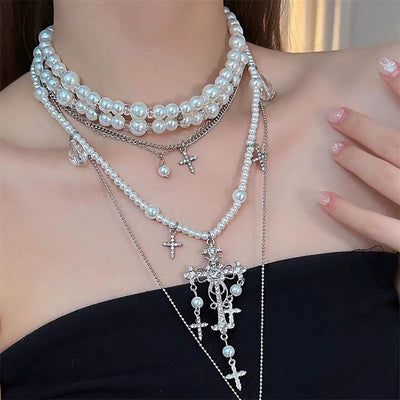 Cross Multi-layer Natural Freshwater Pearl Necklace