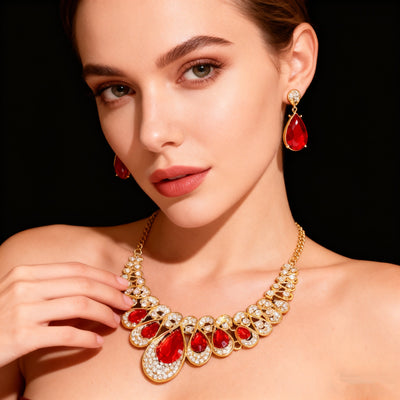18K Gold Red Crystal & Diamond Necklace & Earring Set