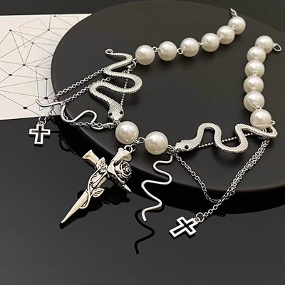 Cross pearl snake tassel necklace