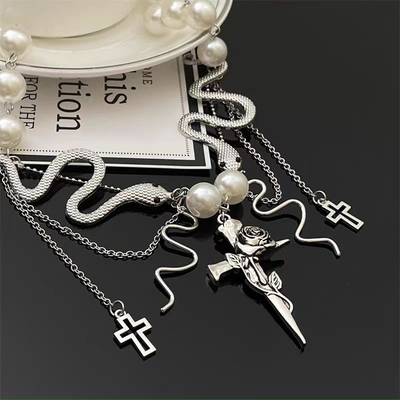 Cross pearl snake tassel necklace