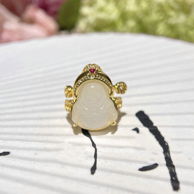 Buddha Natural Emerald Jade Stone Ring Necklace