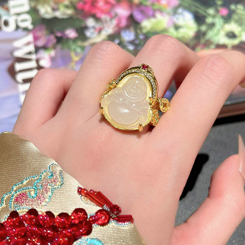 Buddha Natural Emerald Jade Stone Ring Necklace
