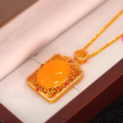 Square pendant natural beeswax necklace