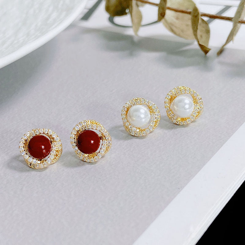 Zircon entwined natural freshwater pearl earrings