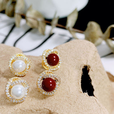 Zircon entwined natural freshwater pearl earrings