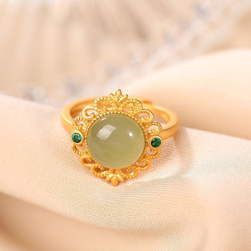 Natural Openwork Carved Emerald Jade stone Ring