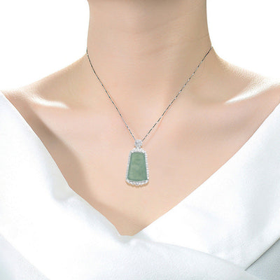 Diamond Geometric Natural Emerald Jade Stone Necklace