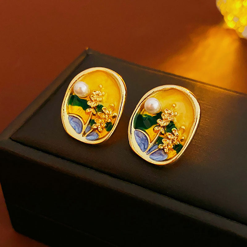Colored Oil Painting Natural Freshwater Pearl Earrings