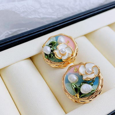 Oil Painting Flower Natural Freshwater Pearl Necklace Earrings